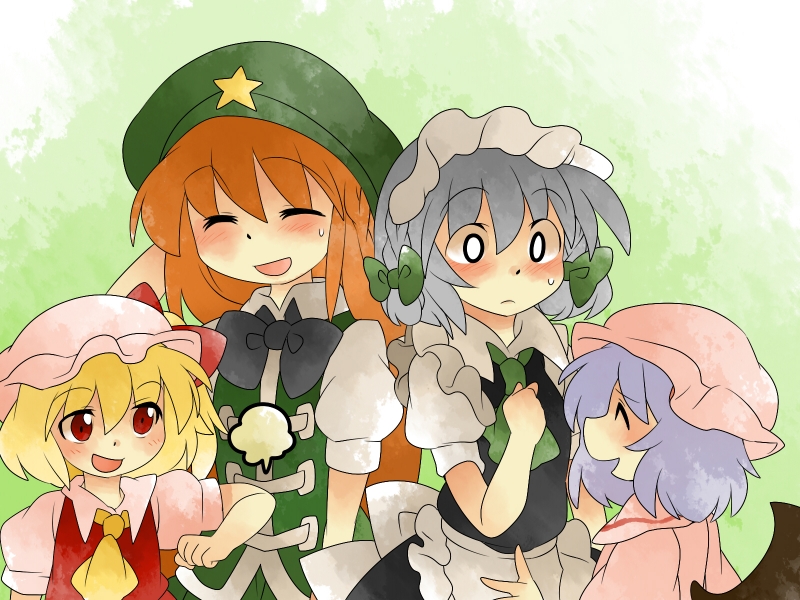 remilia scarlet, flandre scarlet, izayoi sakuya, and hong meiling (touhou) drawn by hammer_(sunset_beach)