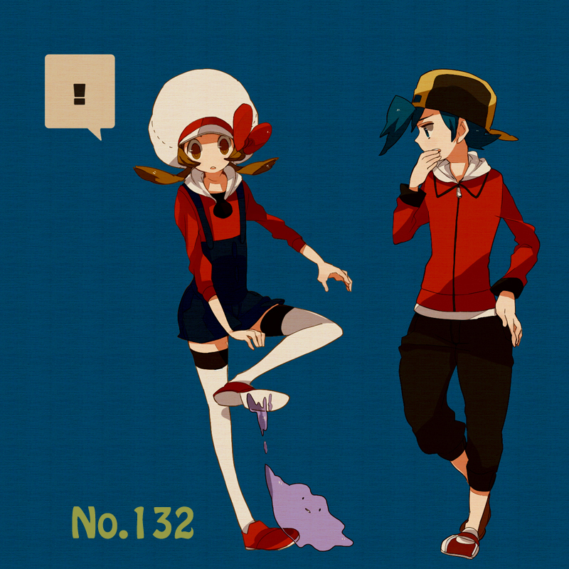 ethan, lyra, and ditto (pokemon and 1 more) drawn by hagiko