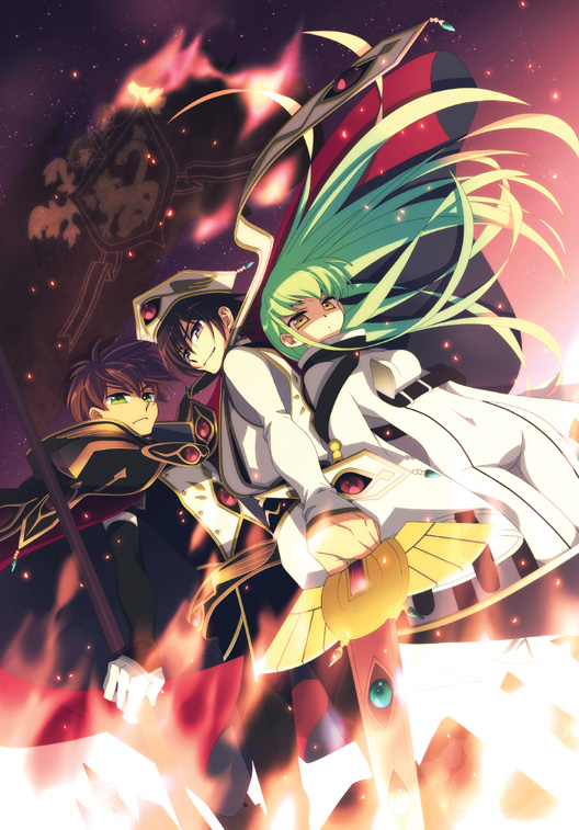 c.c., lelouch vi britannia, and kururugi suzaku (code geass) drawn by aori_(cou)