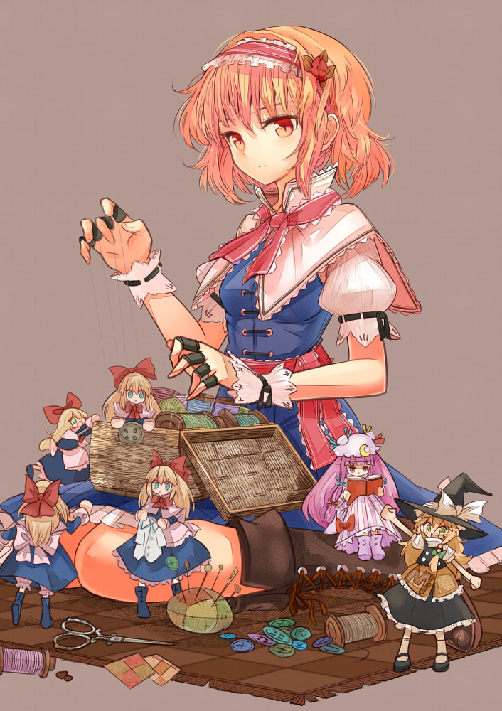 kirisame marisa, alice margatroid, patchouli knowledge, and shanghai doll (touhou) drawn by uma_(ninjin_misaki)