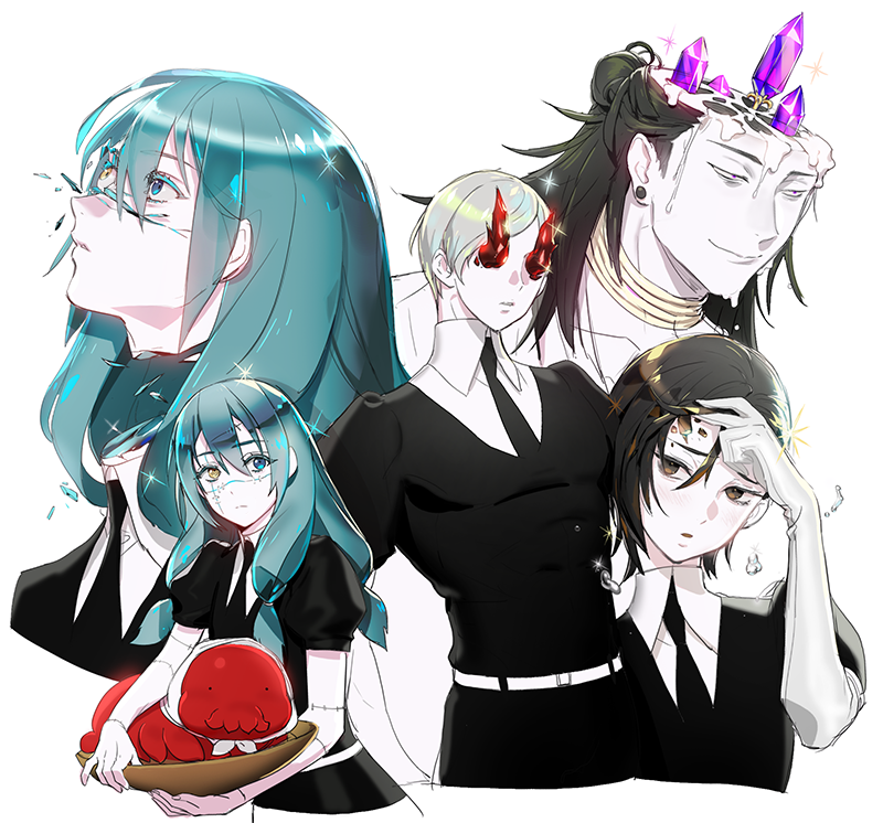 phosphophyllite, getou suguru, mahito, hanami, and dagon (jujutsu kaisen and 1 more) drawn by nonockha
