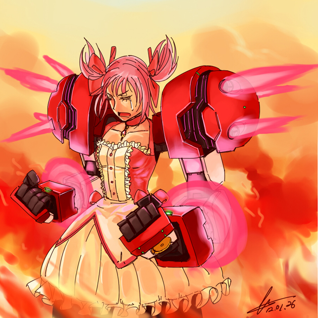 kaname madoka, gundam age-1, and gundam age-1 titus (mahou shoujo madoka magica and 2 more) drawn by kwaejina
