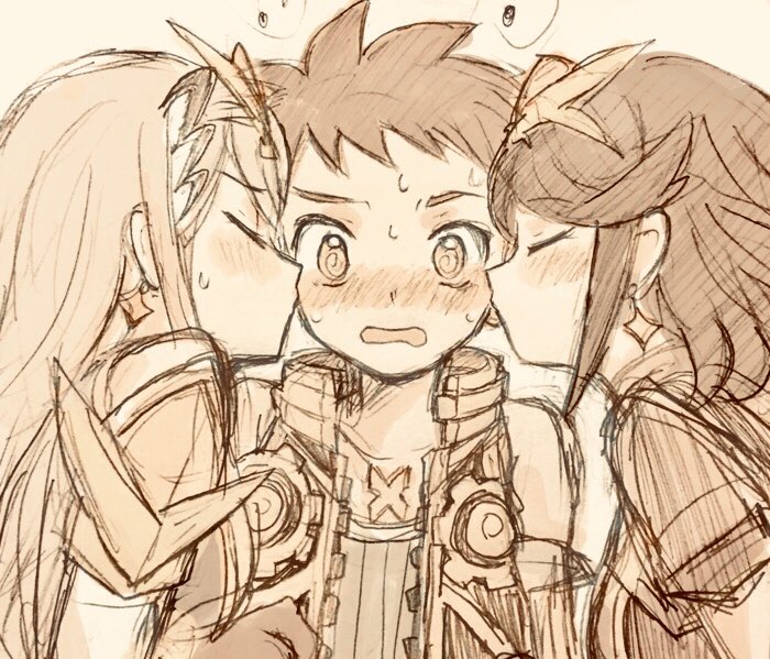 pyra, mythra, and rex (xenoblade chronicles and 1 more) drawn by kokkou1