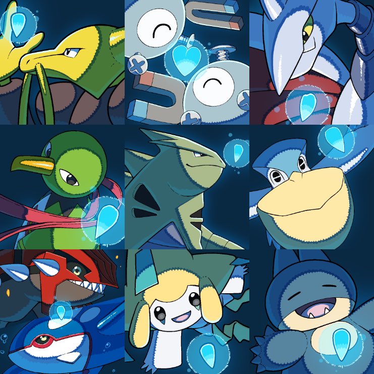 jirachi, magnemite, kyogre, munchlax, tyranitar, and 5 more (pokemon) drawn by komepan