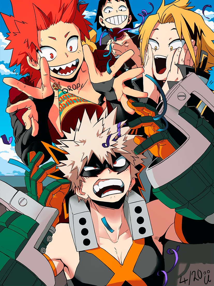 bakugou katsuki, kirishima eijiro, kaminari denki, and sero hanta (boku no hero academia) drawn by insecureillu