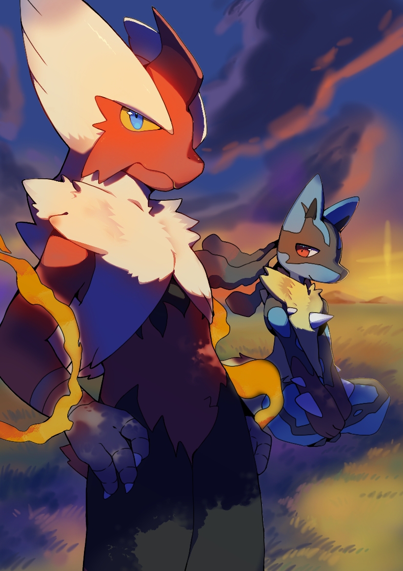 lucario, blaziken, mega lucario, and mega blaziken (pokemon) drawn by sswv5433