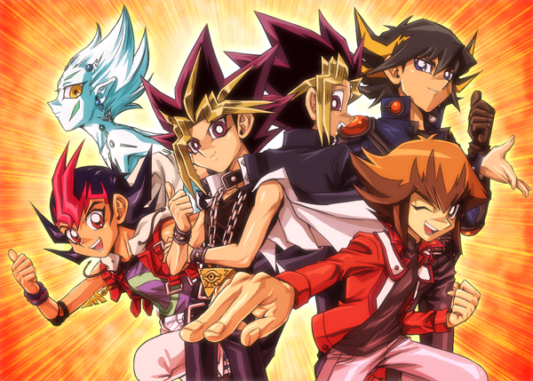yuki judai, fudo yusei, muto yugi, yami yugi, tsukumo yuma, and 1 more (yu-gi-oh! and 4 more) drawn by raku_(howdy)