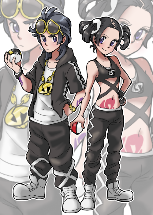 selene, elio, guzma, and plumeria (pokemon and 1 more) drawn by mea_pkmn