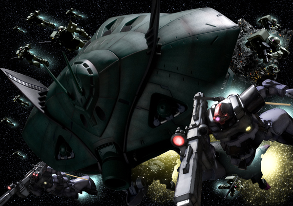 zaku ii, zaku ii f/j, big zam, and rick dom (gundam and 1 more) drawn by robographer
