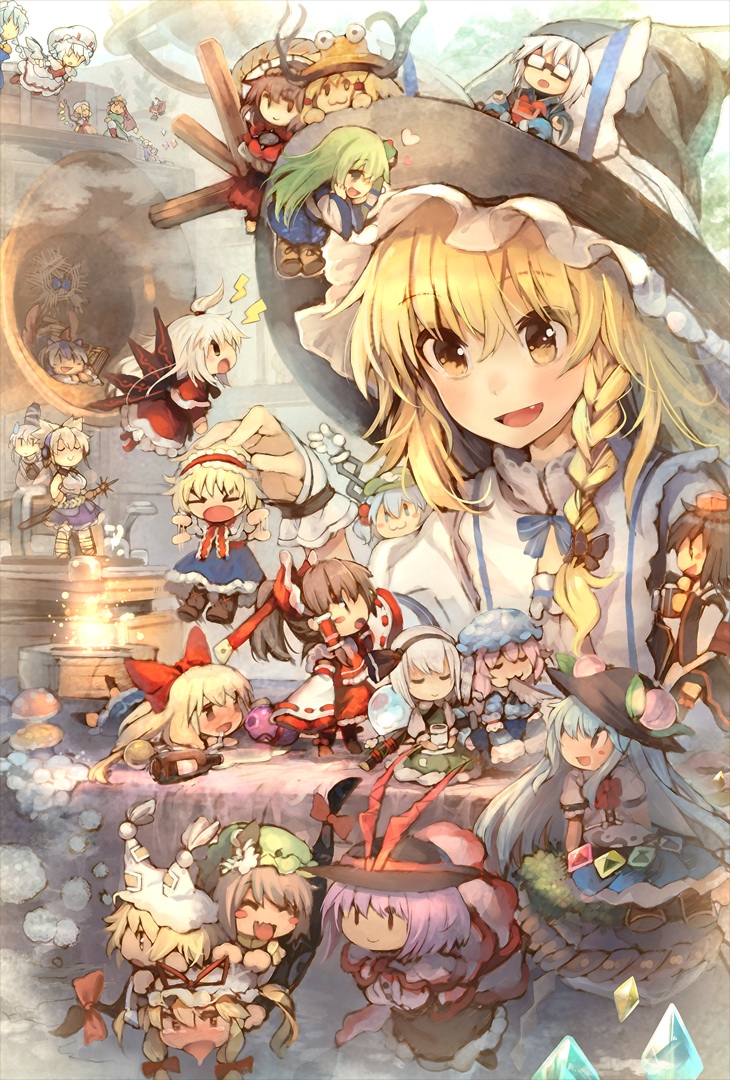 hakurei reimu, kirisame marisa, remilia scarlet, flandre scarlet, izayoi sakuya, and 23 more (touhou) drawn by eho_(icbm)