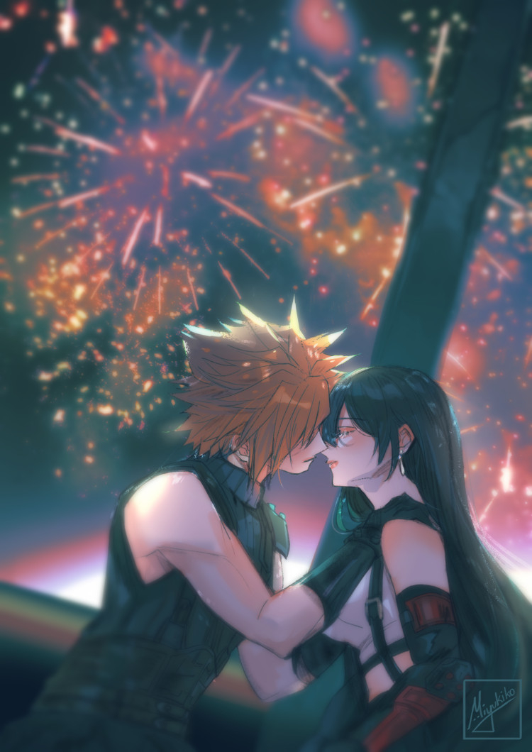tifa lockhart and cloud strife (final fantasy and 3 more) drawn by miyukiko