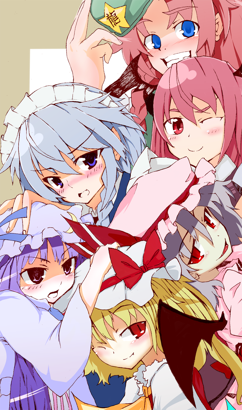 remilia scarlet, flandre scarlet, izayoi sakuya, patchouli knowledge, hong meiling, and 1 more (touhou and 1 more) drawn by gunze