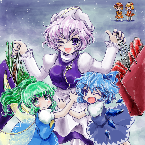 cirno, daiyousei, aki minoriko, aki shizuha, and letty whiterock (touhou) drawn by nanashii_(soregasisan)