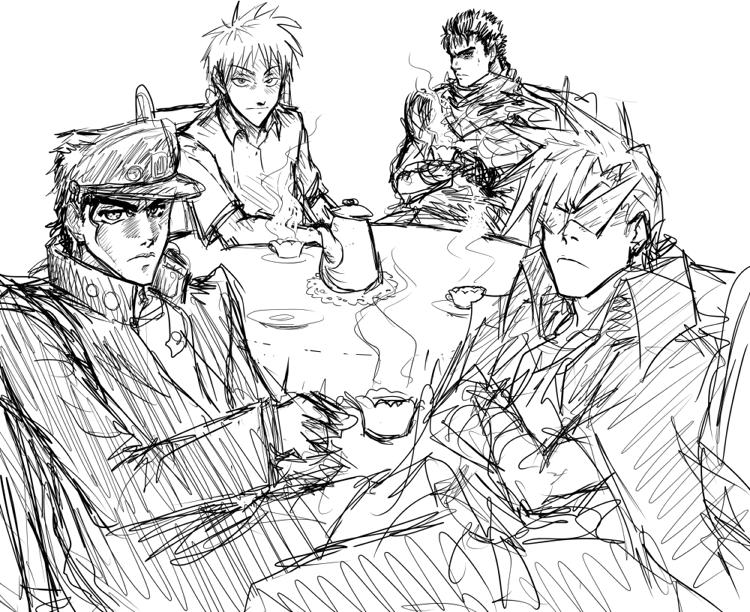 kujo jotaro, kamina, guts, and akagi shigeru (jojo no kimyou na bouken and 5 more) drawn by drawfag