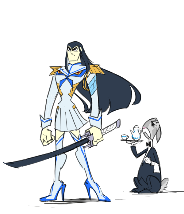 kiryuuin satsuki, junketsu, samurai jack, and mr herriman (kill la kill and 3 more) drawn by gyosone