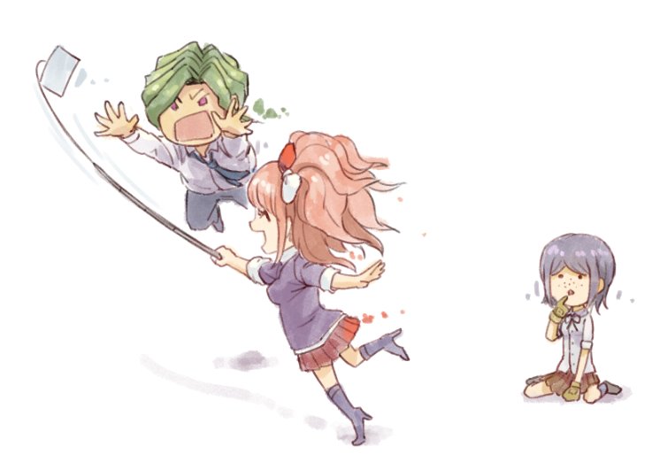 enoshima junko, ikusaba mukuro, and sakakura juuzou (danganronpa and 1 more) drawn by youko-shima