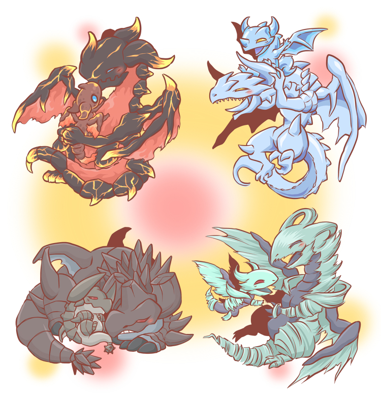 blaster dragon ruler of infernos, redox dragon ruler of boulders, tidal dragon ruler of waterfalls, tempest dragon ruler of storms, burner dragon ruler of sparks, and 3 more (yu-gi-oh!) drawn by atusix