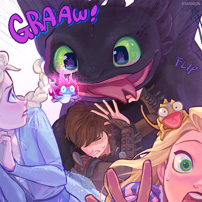 elsa, rapunzel, toothless, hiccup horrendous haddock iii, pascal, and 1 more (frozen and 3 more) drawn by seoyeon
