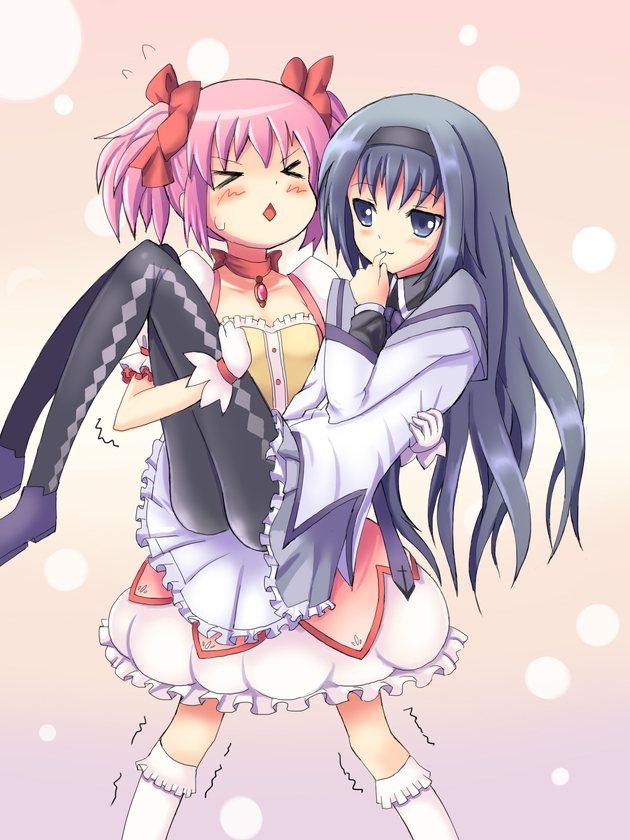 akemi homura and kaname madoka (mahou shoujo madoka magica) drawn by hakkotsu_shitai