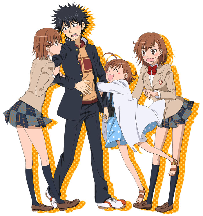 misaka mikoto, kamijou touma, last order, misaka imouto, and misaka imouto 10032 (toaru majutsu no index) drawn by kome_(seiga)
