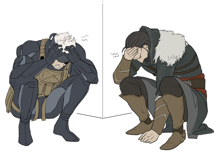 solid snake, ezio auditore da firenze, and old snake (metal gear and 3 more) drawn by gb_(doubleleaf)