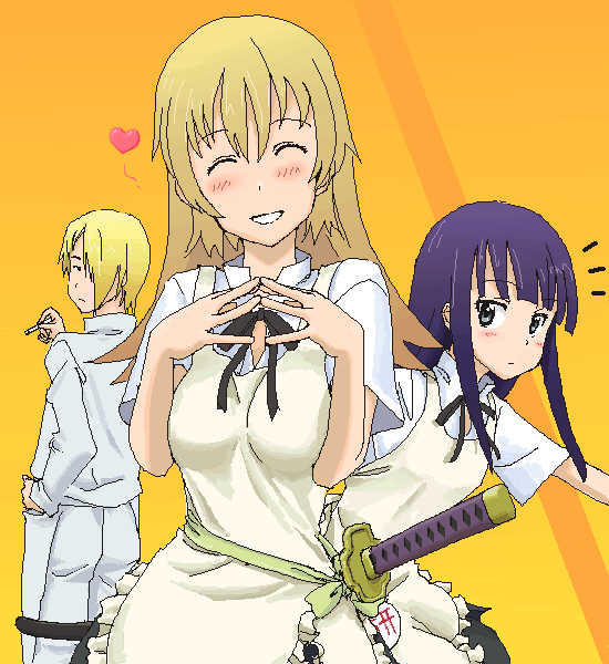 yamada aoi, todoroki yachiyo, and satou jun (working!!) drawn by une