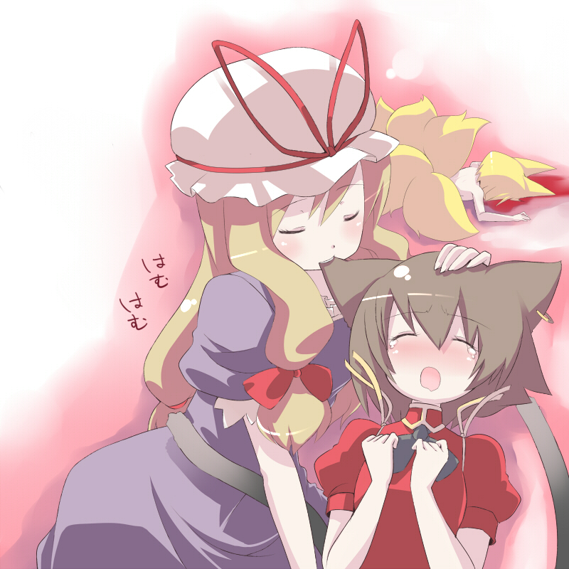 yakumo yukari, yakumo ran, and chen (touhou) drawn by numako