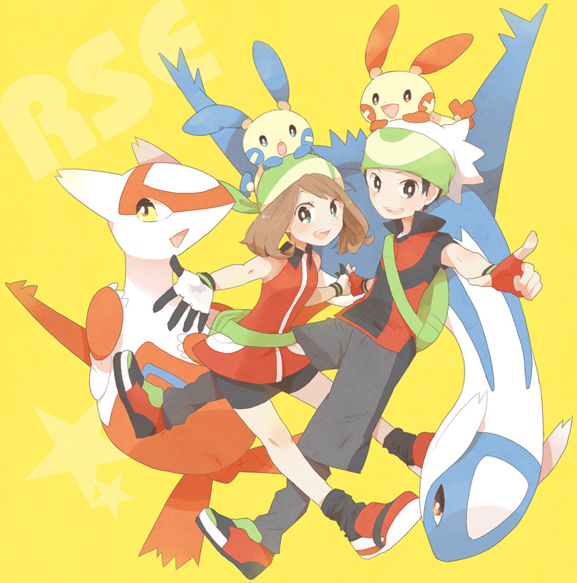 may, brendan, latias, latios, minun, and 1 more (pokemon and 2 more) drawn by niimura_(csnel)