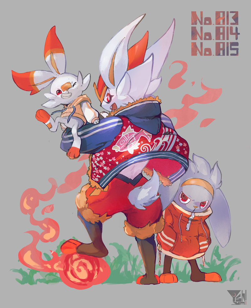 scorbunny, cinderace, and raboot (pokemon) drawn by yoshiya_(ina_ba_ya)