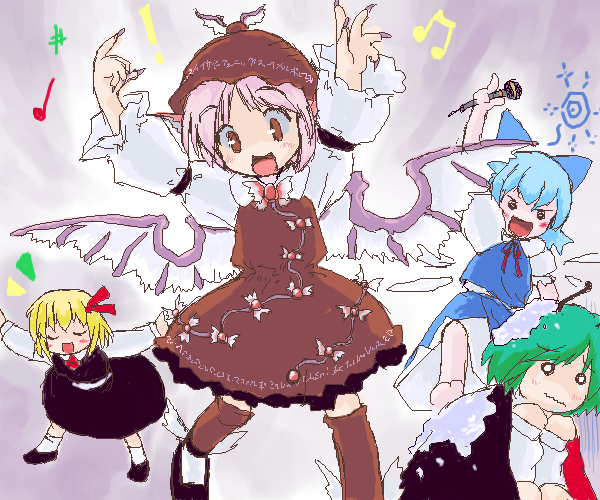 cirno, rumia, mystia lorelei, and wriggle nightbug (touhou) drawn by 3723
