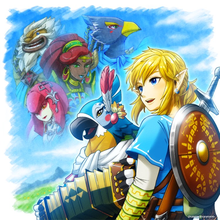 link, mipha, urbosa, revali, daruk, and 1 more (the legend of zelda and 1 more) drawn by sayoyonsayoyo