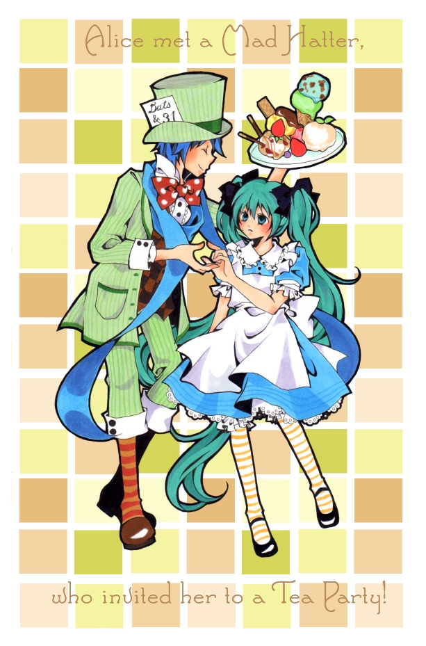 hatsune miku, kaito, alice, and mad hatter (vocaloid and 1 more) drawn by tomoshibi_rei