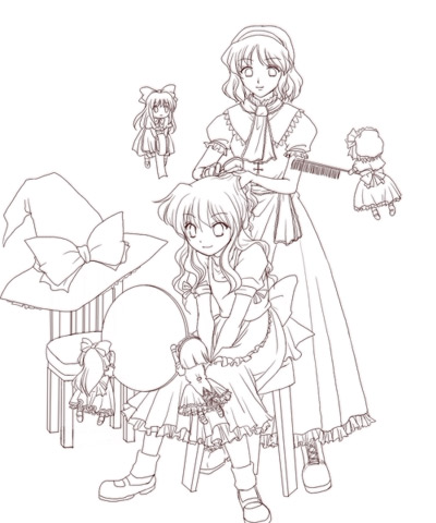 kirisame marisa, alice margatroid, shanghai doll, and hourai doll (touhou) drawn by mikagami_hiyori