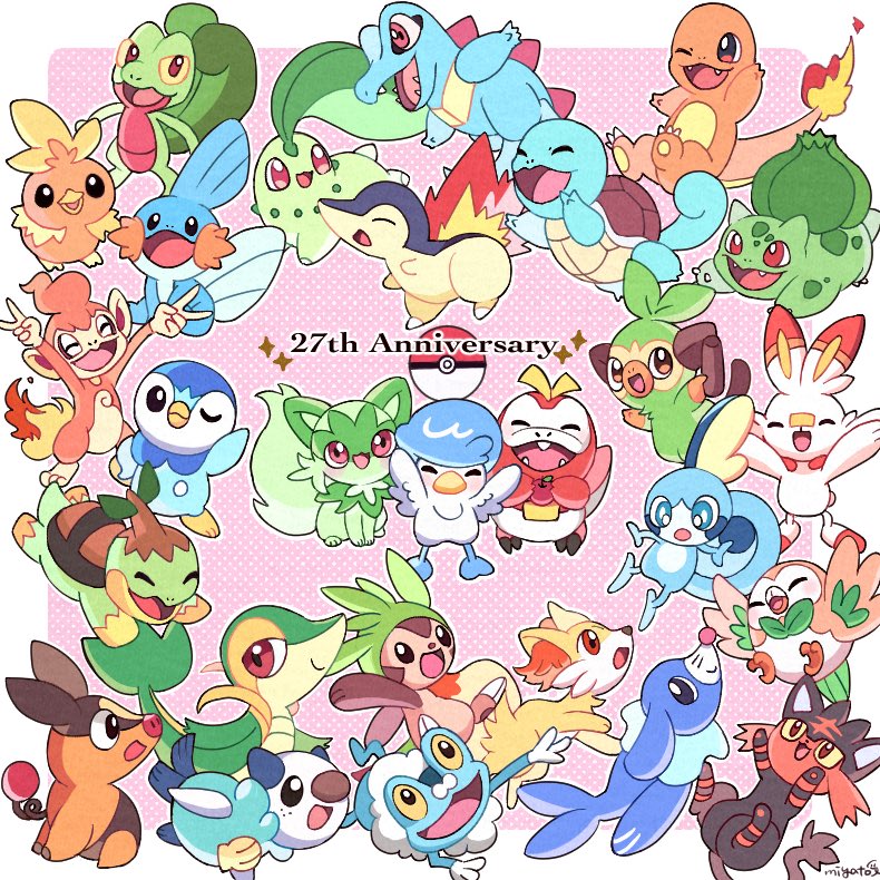 rowlet, piplup, bulbasaur, sprigatito, scorbunny, and 22 more (pokemon) drawn by mochopaccho