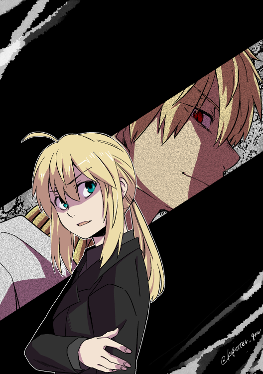artoria pendragon, saber, and gilgamesh (fate and 1 more) drawn by moonlight_0423