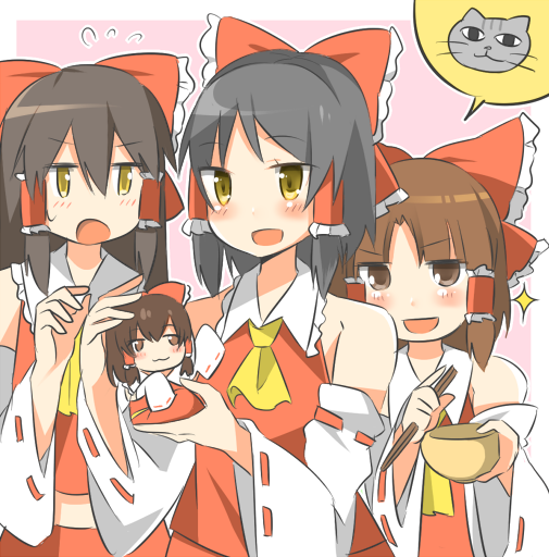 hakurei reimu, benikurage, kanna, reu, sananana, and 2 more (touhou and 1 more) drawn by ekubo_(ciaobero)