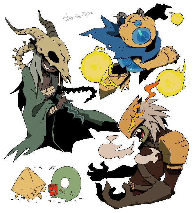 the silent, the ironclad, the defect, donu, and deca (slay the spire) drawn by okajamira