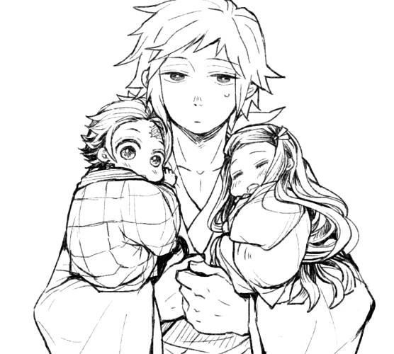 kamado nezuko, kamado tanjirou, and tomioka giyuu (kimetsu no yaiba) drawn by takegin