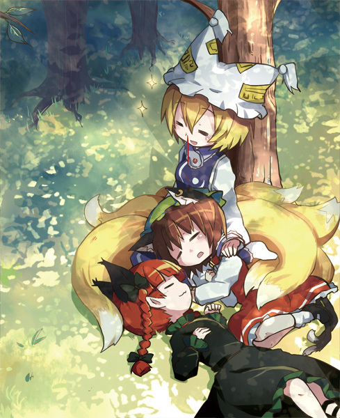 yakumo ran, kaenbyou rin, and chen (touhou) drawn by dorua_(dollar)