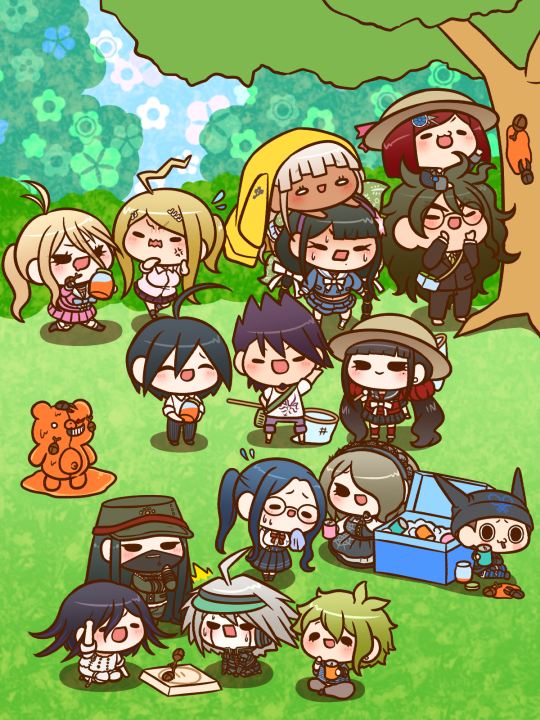 oma kokichi, saihara shuichi, akamatsu kaede, harukawa maki, monokuma, and 12 more (danganronpa and 1 more) drawn by yumaru_(marumarumaru)