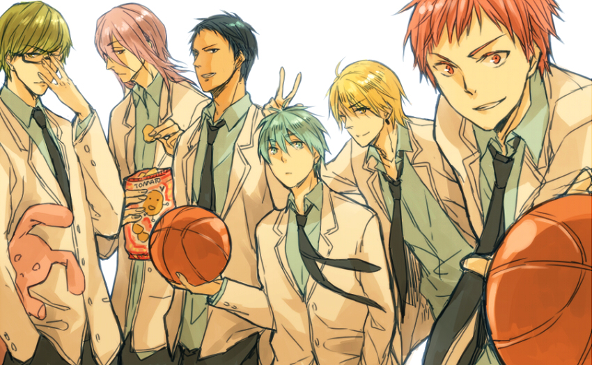 kuroko tetsuya, aomine daiki, kise ryouta, akashi seijuurou, midorima shintarou, and 1 more (kuroko no basuke) drawn by sleepy69