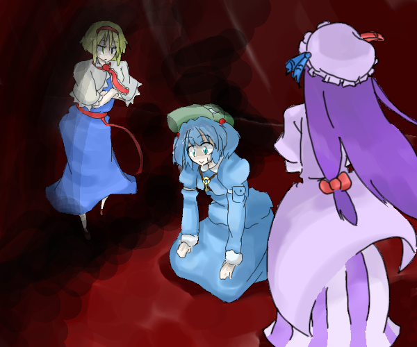 alice margatroid, patchouli knowledge, and kawashiro nitori (touhou) drawn by monomi_(nasdai)