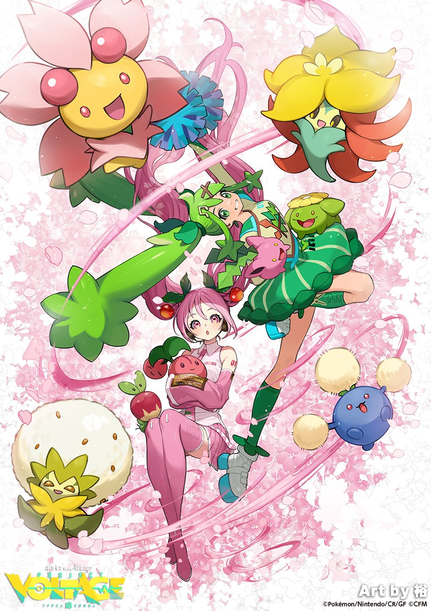 hatsune miku, sakura miku, hoppip, applin, jumpluff, and 5 more (pokemon and 2 more) drawn by yuu_(higashi_no_penguin)