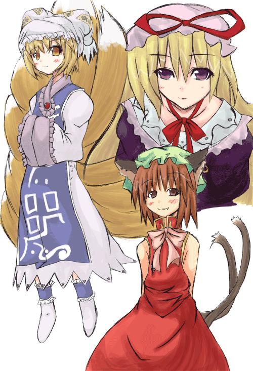 yakumo yukari, yakumo ran, and chen (touhou) drawn by kurouso_(meikyoushisui)