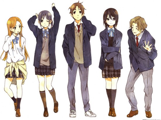 inaba himeko, nagase iori, kiriyama yui, yaegashi taichi, and aoki yoshifumi (kokoro connect) drawn by horiguchi_yukiko