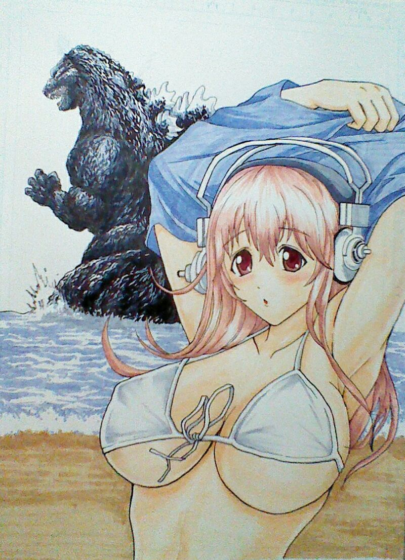 super sonico and godzilla (nitroplus and 1 more) drawn by godzilla1981