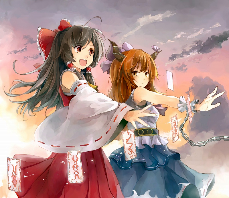 hakurei reimu and ibuki suika (touhou) drawn by shimada_sarasara