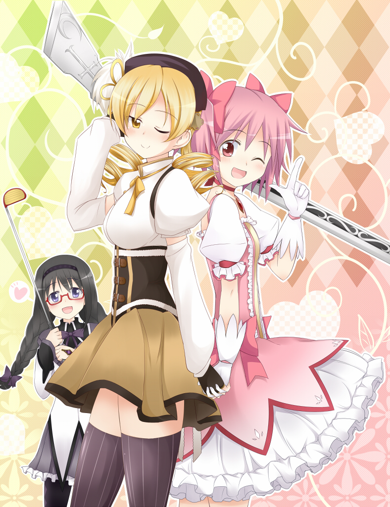 akemi homura, kaname madoka, and tomoe mami (mahou shoujo madoka magica) drawn by makino_(ukiuo)