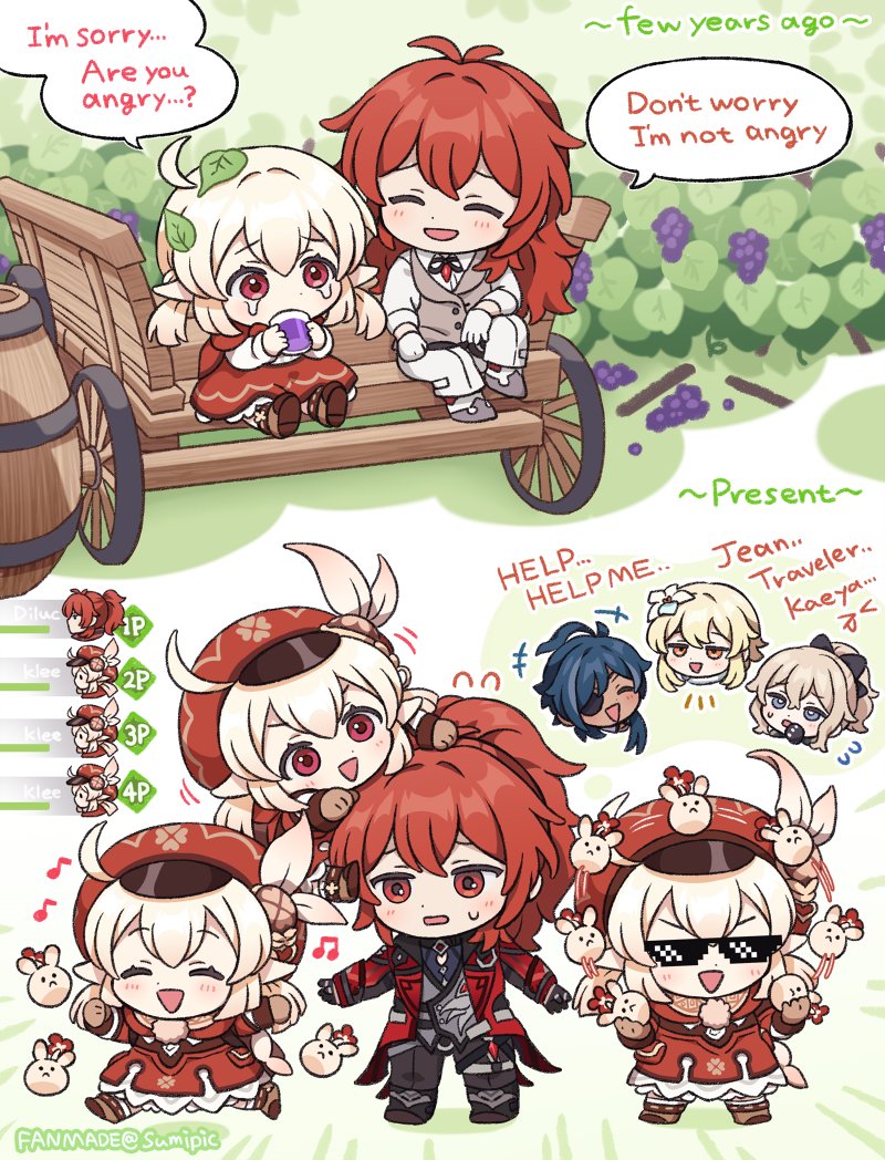 lumine, klee, jean, diluc, kaeya, and 2 more (genshin impact) drawn by sumipic