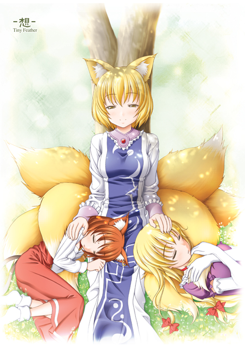 yakumo yukari, yakumo ran, and chen (touhou) drawn by sin-go